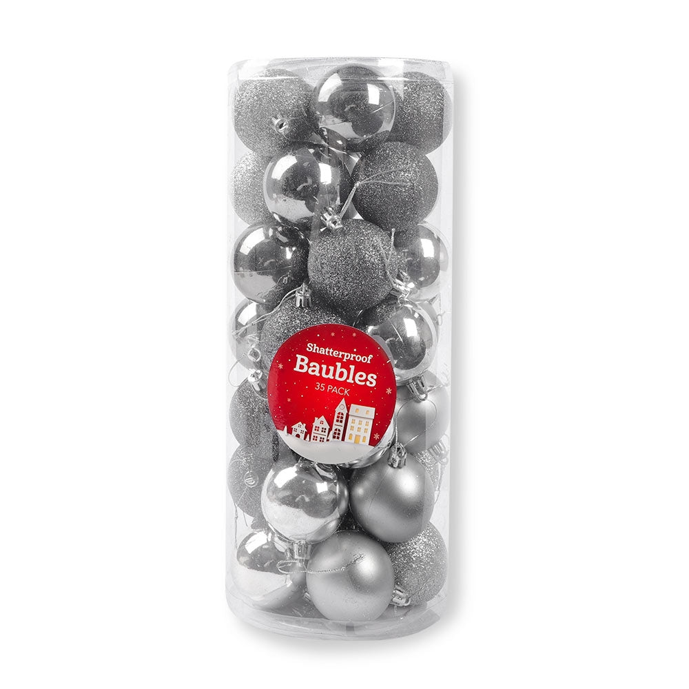 Silver Shatterproof Baubles Set 48 Pack 339986-SILVER