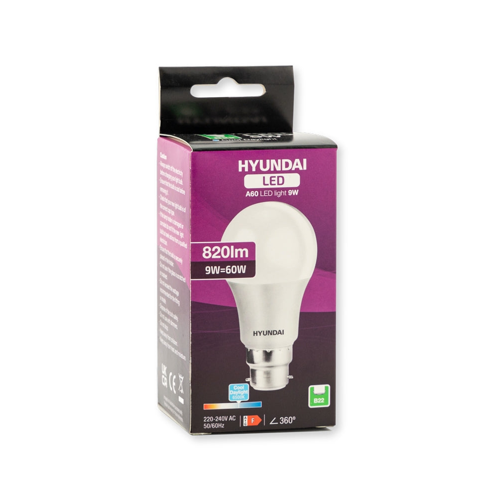 Hyundai Energy Saving Led Lightbulb Single 9W B22 A60 Cool Daylight 327697