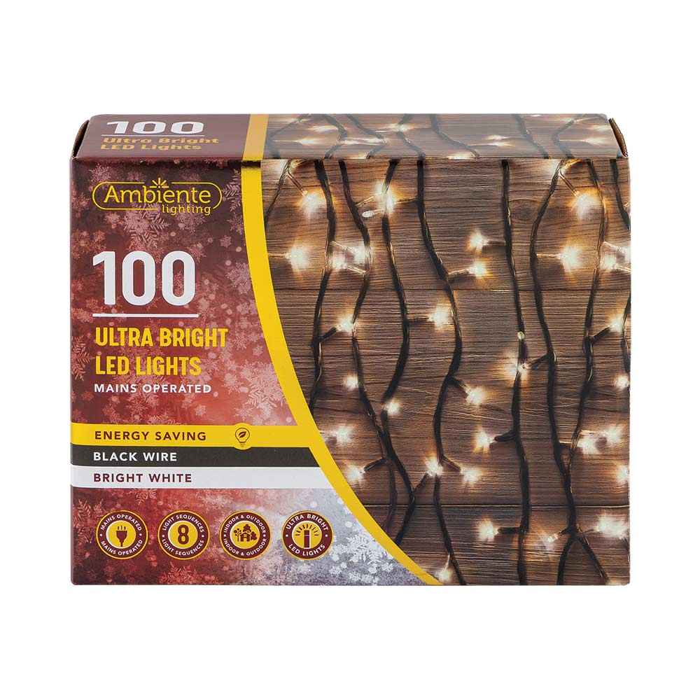 100 Ultra Bright LED String Lights Mains Operated & Black Wire Bright White
