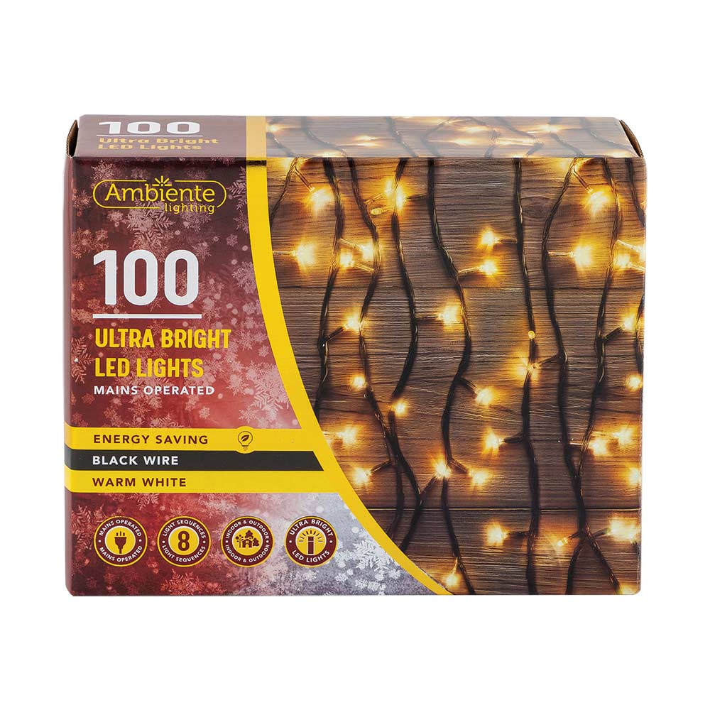 100 Ultra Bright LED String Lights Mains Operated & Black Wire Warm White