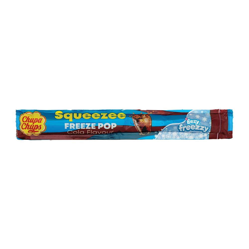 Chupa chups squeezee freeze pops cola flavour on white background