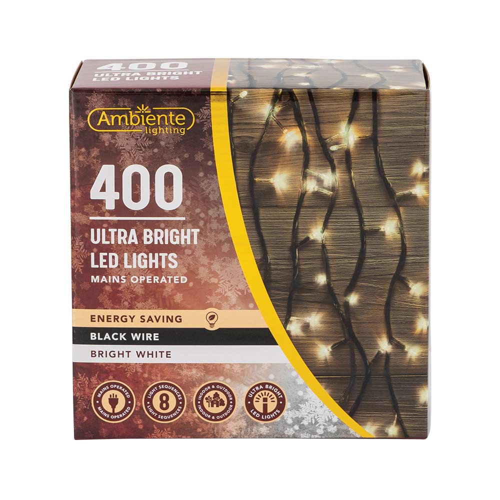 400 Ultra Bright LED String Lights Mains Operated & Black Wire Bright White