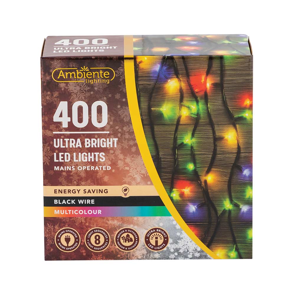 400 Ultra Bright LED String Lights Mains Operated & Black Wire Multicolour