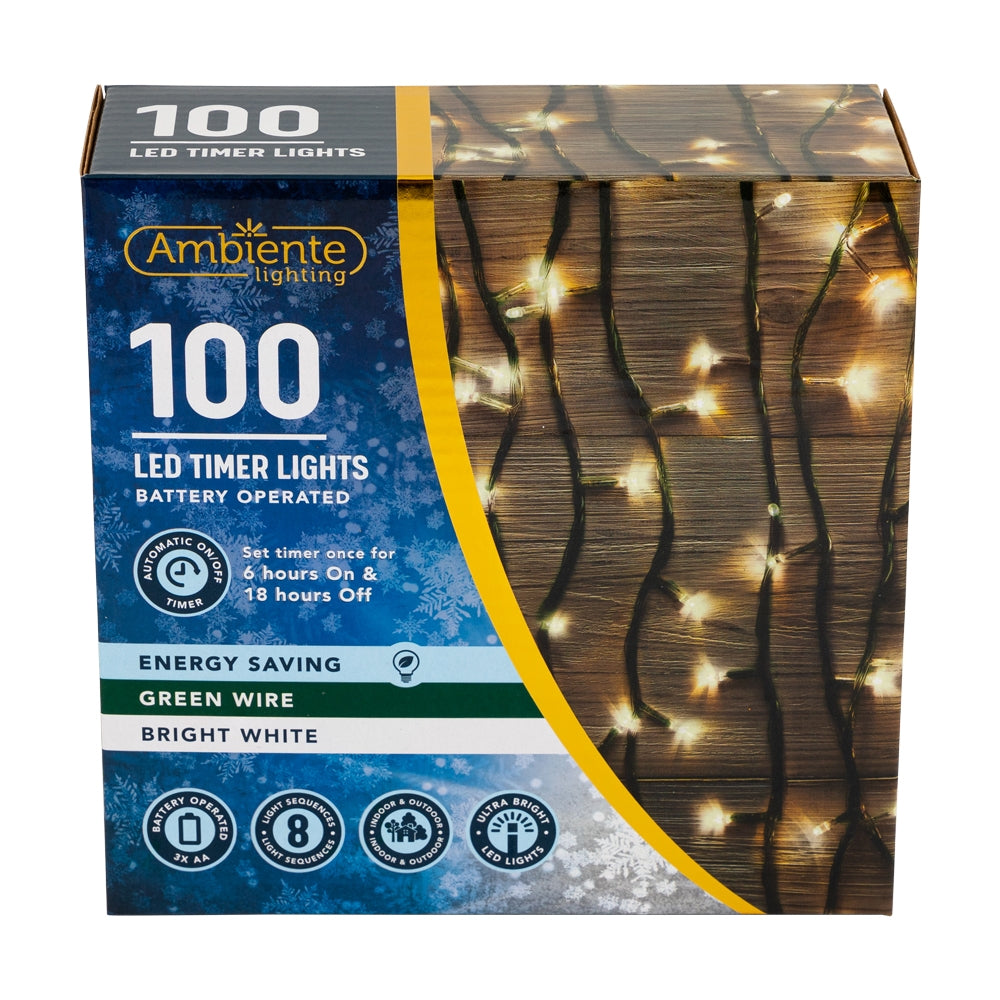 100 Green Wire Battery Operated Led Lights - Bright White 339138-BRIGHT WHITE