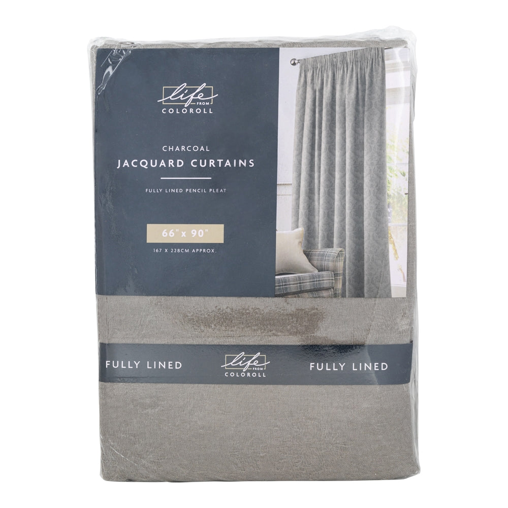 Fully Lined Jacquard Curtains - 66" X 90" Inch - Charcoal 342071 - Charcoal