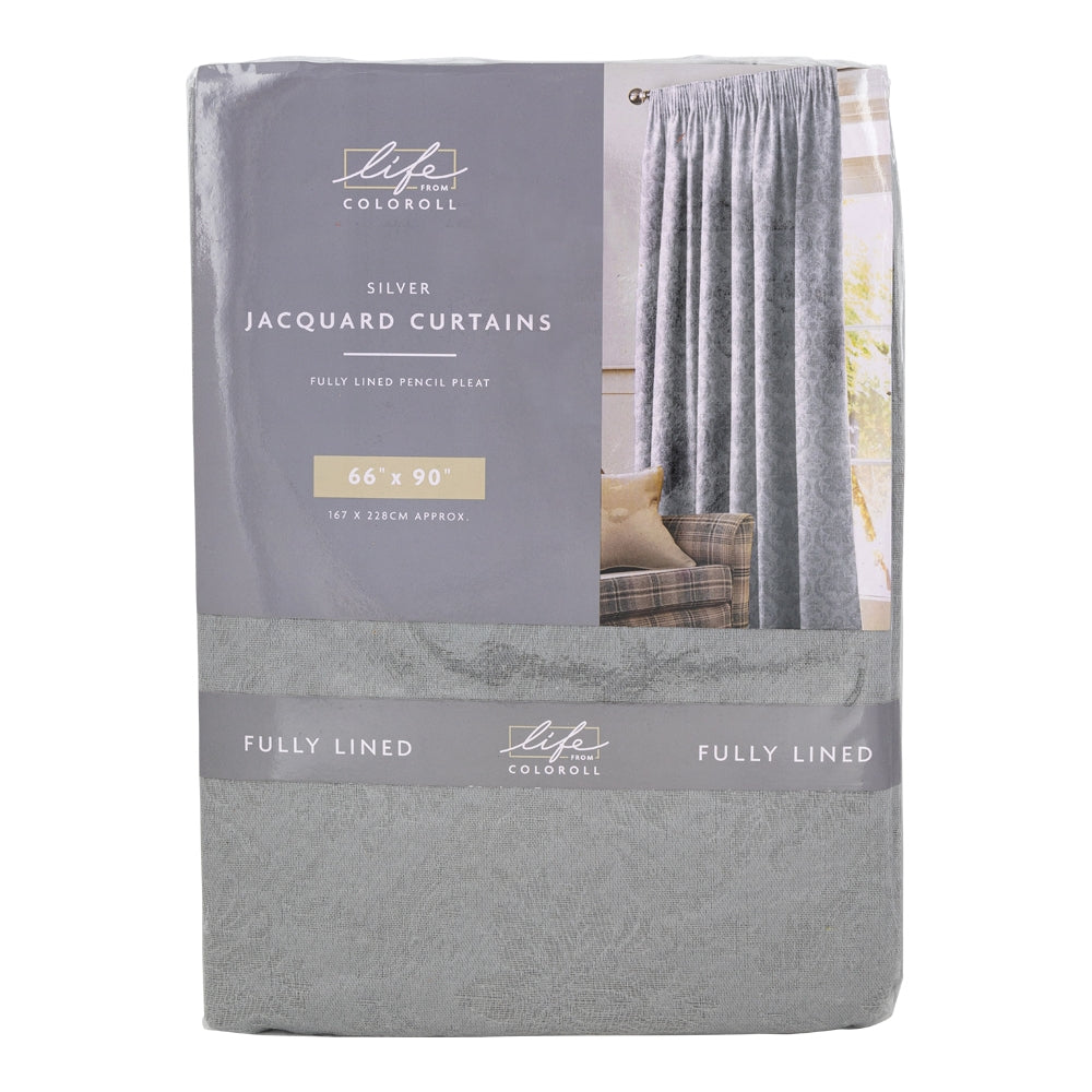 Fully Lined Jacquard Curtains - 66" X 90" Inch - Silver 342071 - Silver