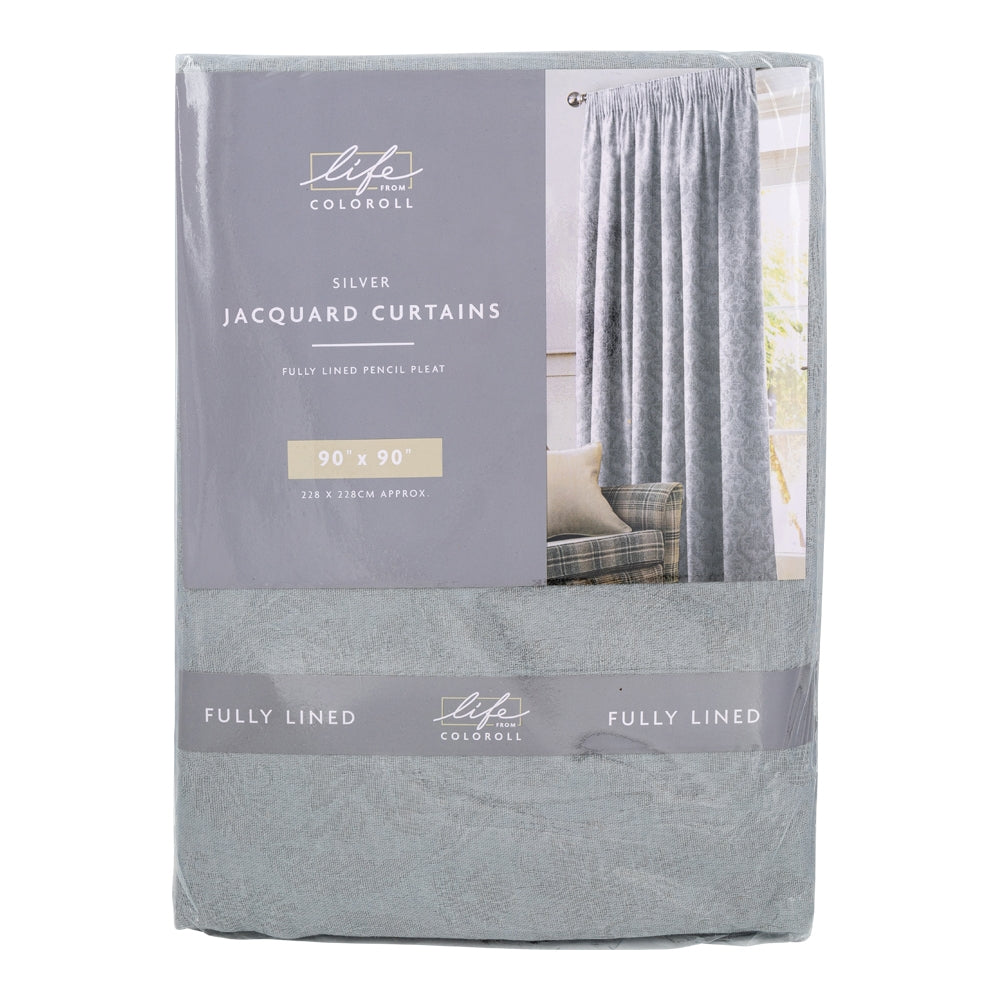 Fully Lined Jacquard Curtains - 90" X 90" Inch - Silver 342072 - Silver