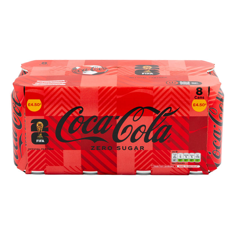 Coca colar zero sugar 330ml x 8 pack on a white background