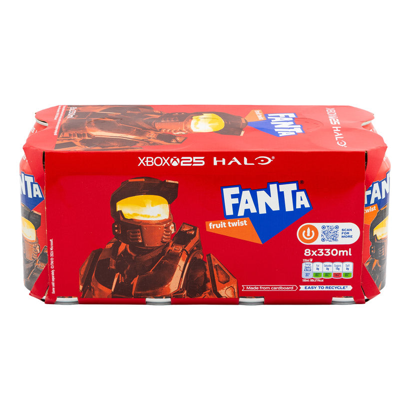 Fanta fruit twist 330ml x 8 pack on a white background