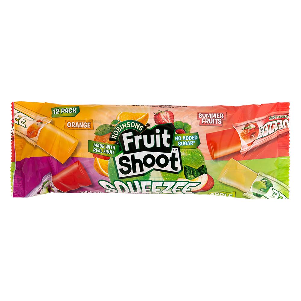 Fruit shoot squeezee ice pops 12 pack of various flavours on a white background