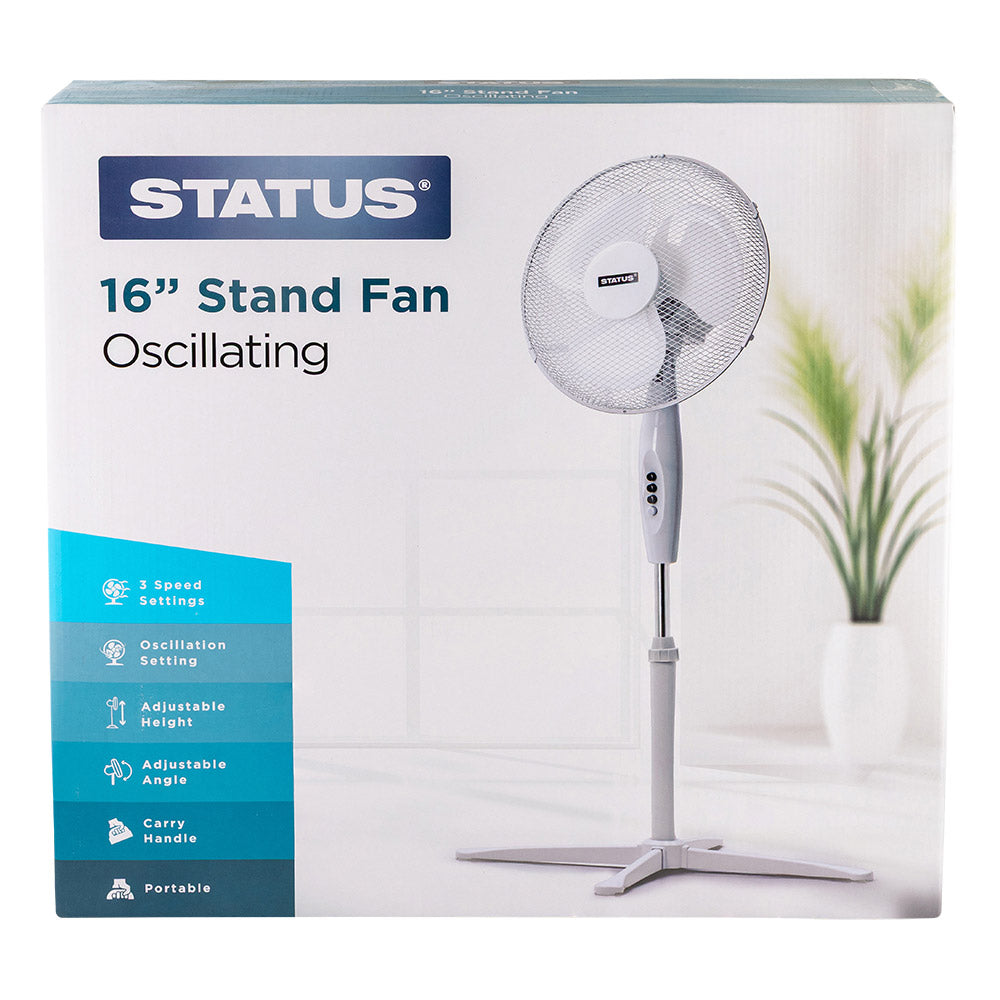 Status 16 inch standing fan in box on a white background