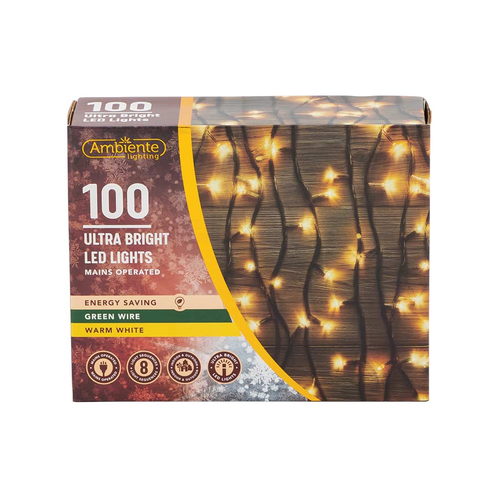 100 Ultra Bright LED String Lights Mains Operated & Green Wire Warm White