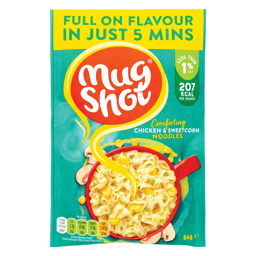 Mug Shot chicken and sweetcorn noodles packaging on a white background