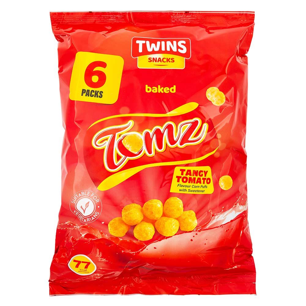 Twin snacks baked tomz tangy tomato 6 pack on a white background