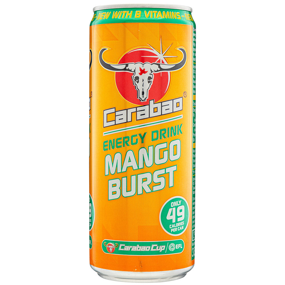 Carabao mango burst energy drink 330ml on a white background