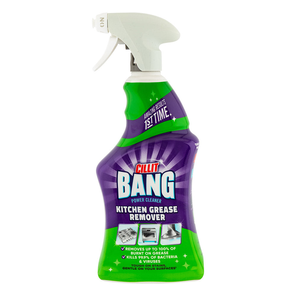 Cillit bang kitchen grease remover spray bottle on white background