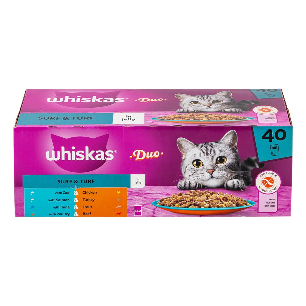 Whiskas 1+ Duo Surf & Turf in Jelly Adult Cat Food Pouches 85g x 40 Pack