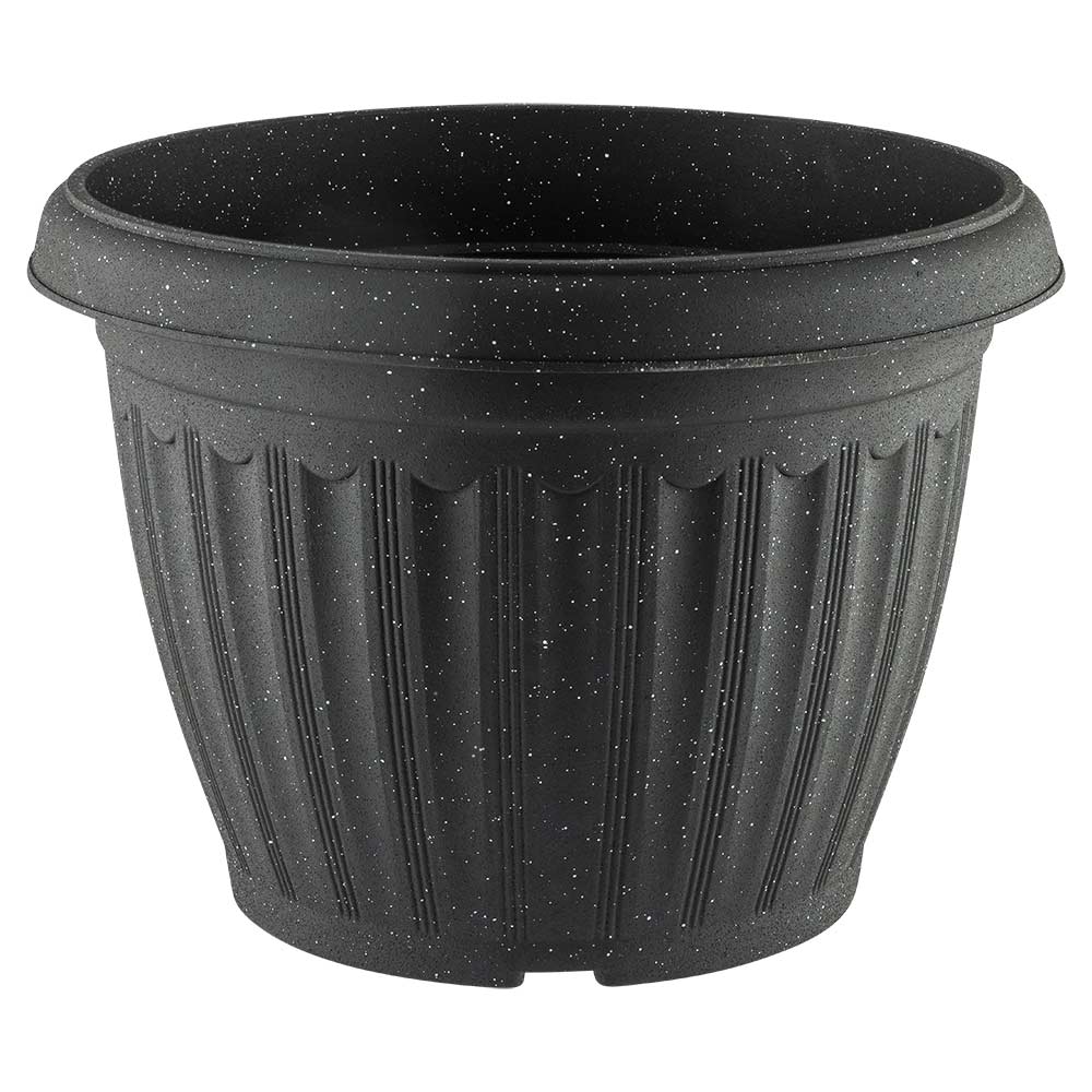 Speckled plastic garden pot in black on a white background