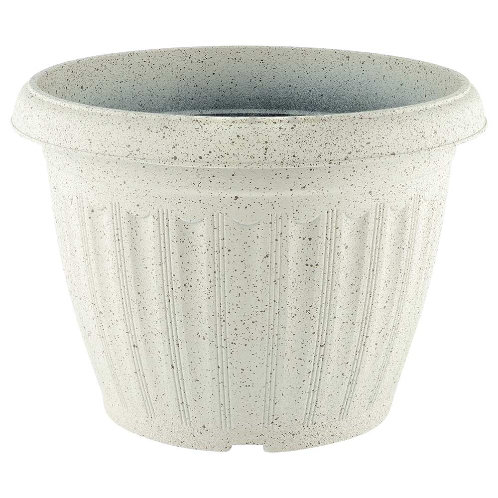 Speckled plastic garden pot in grey on a white background