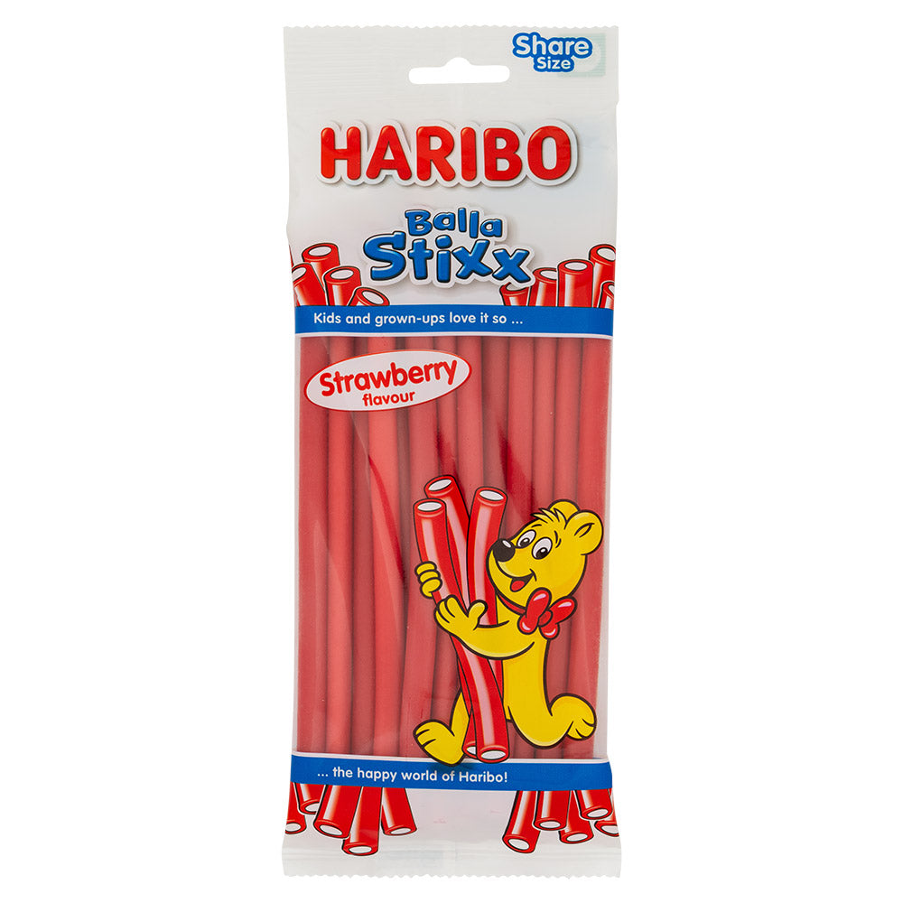 Haribo balla stixx strawberry sweets on a white background