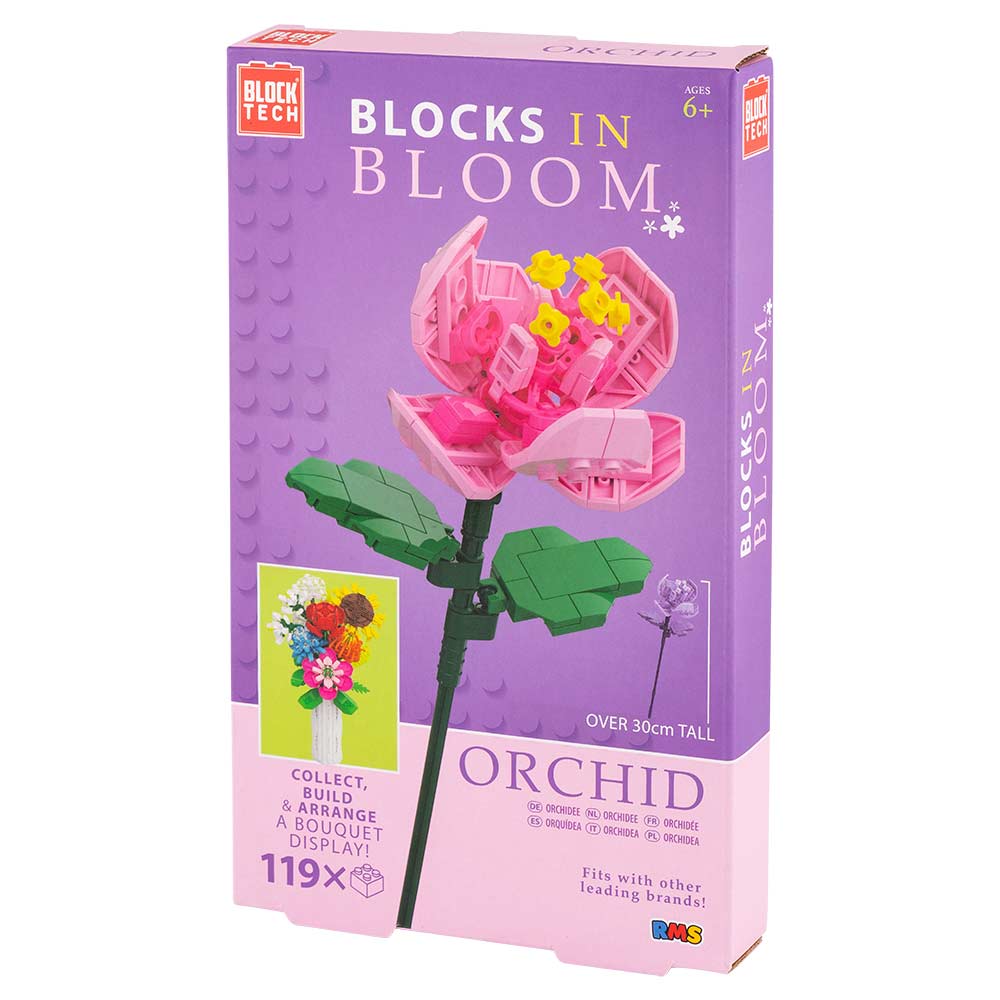 Box of Blocks in Bloom orchid building set on a white background