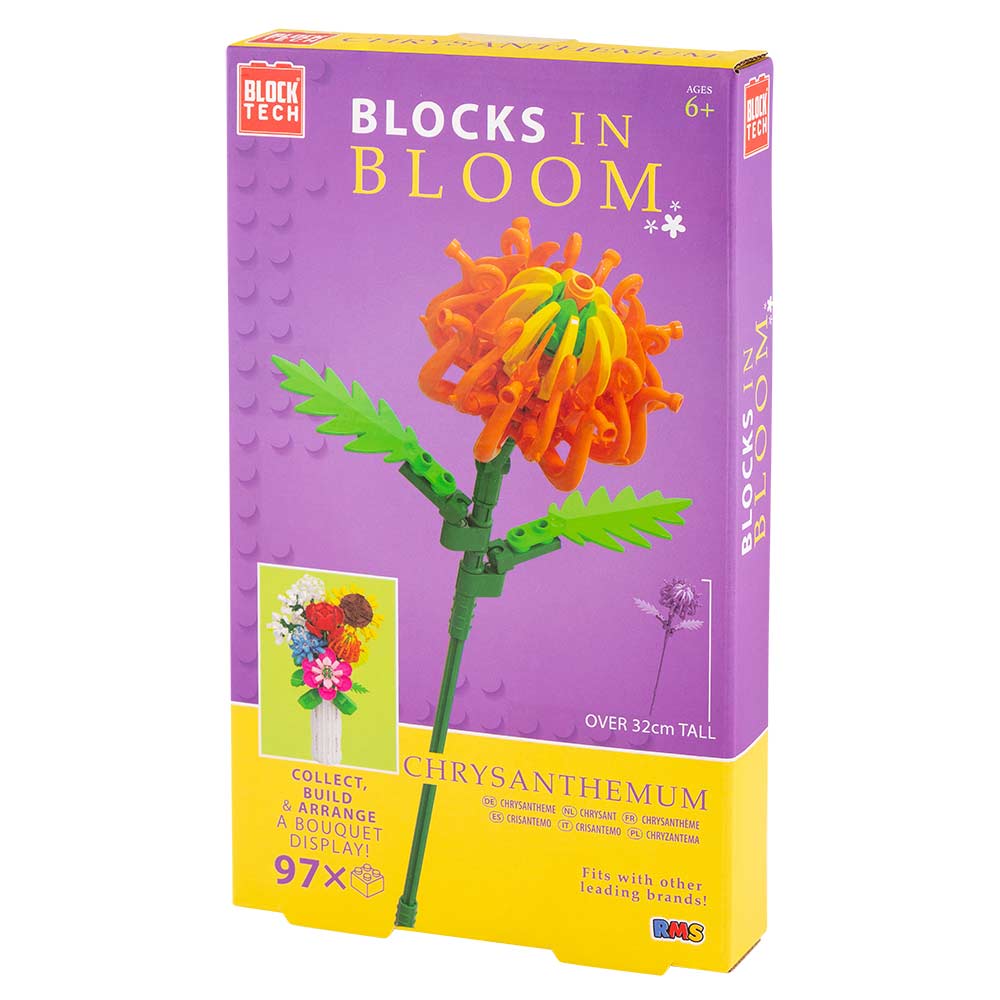 Box of 'Blocks in Bloom' Chrysanthemum building block set on a white background