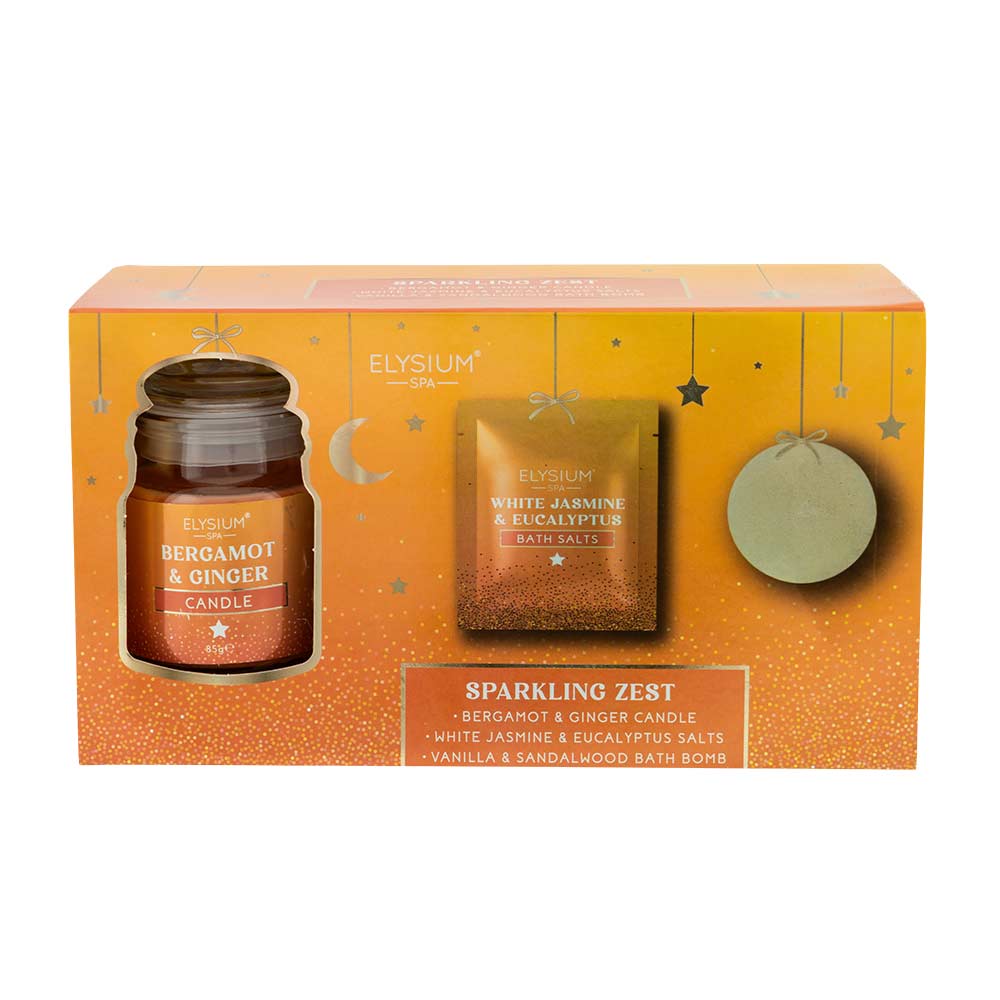 Elysium Spa Sparkling Zest Candle, Bath Salts & Bath Bomb Gift Set