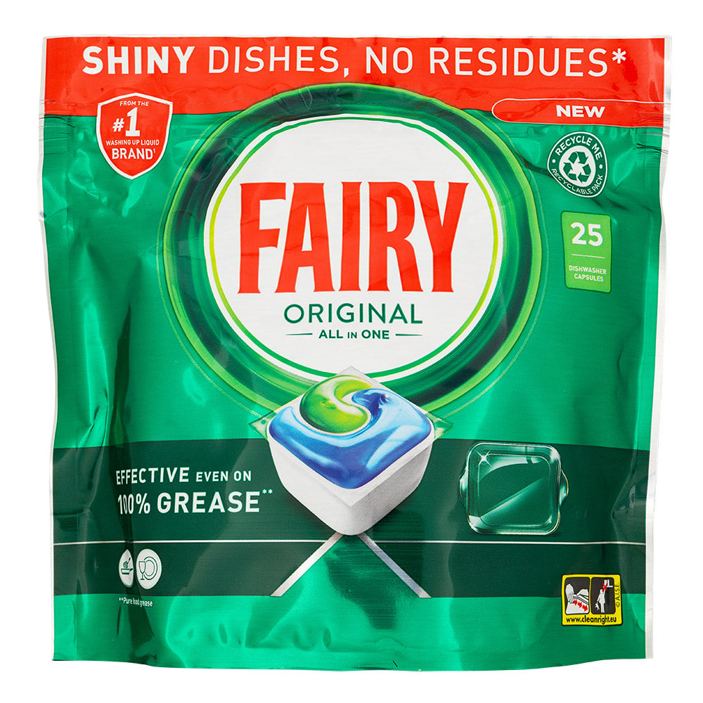 Fairy all in one dishwasher tablets 25 pack on white background