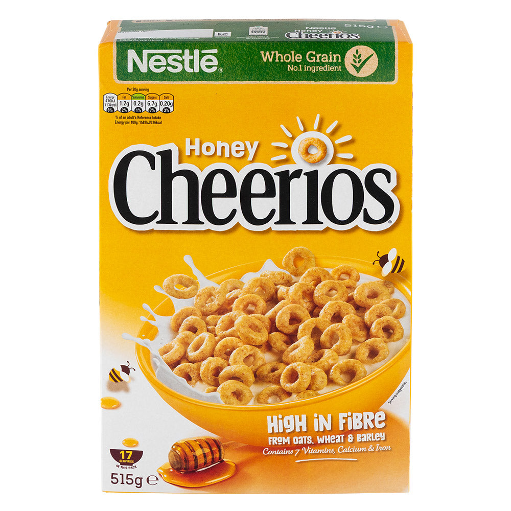Box of Nestle Honey Cheerios 515g cereal on a white background
