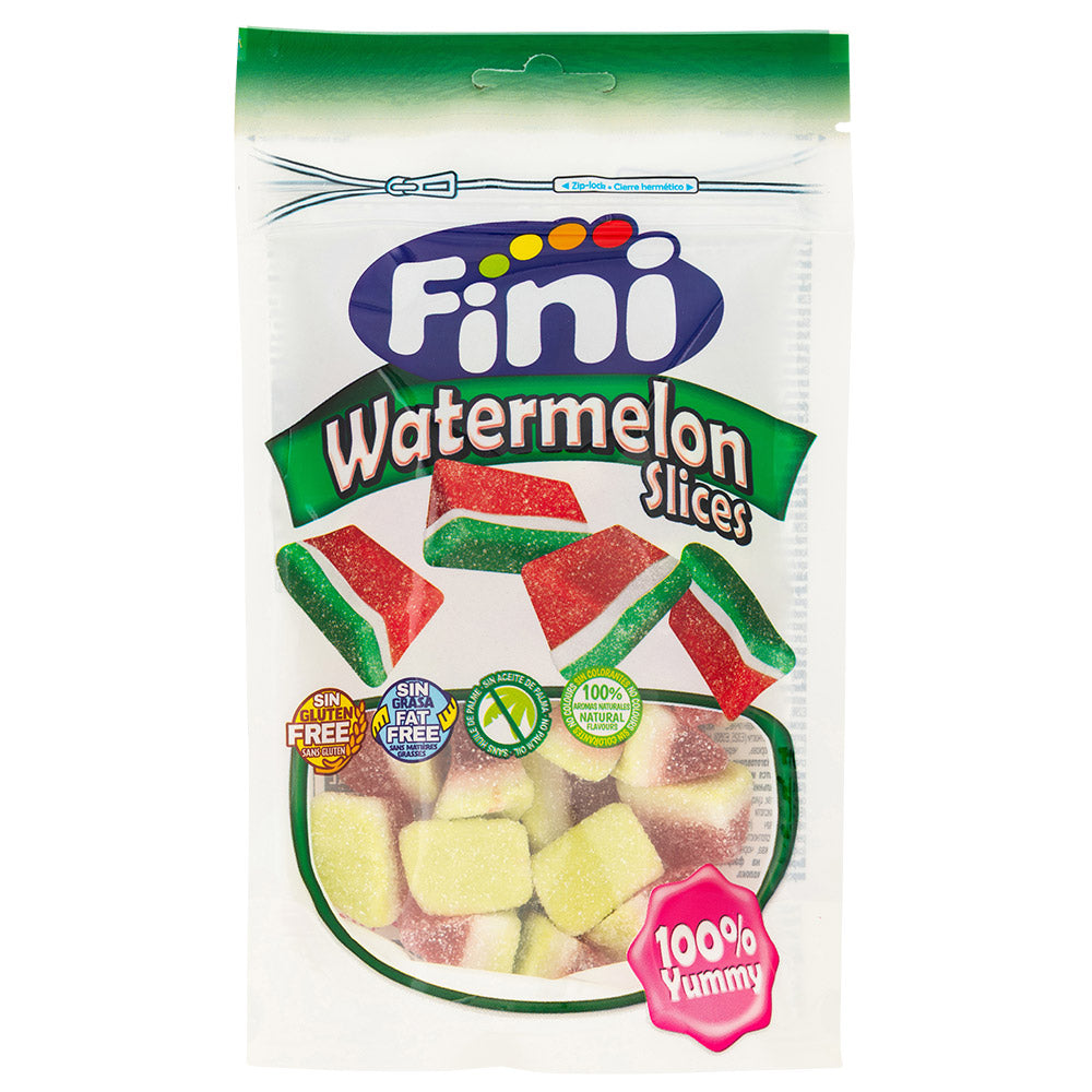 Fini sour watermelon slices on a white background