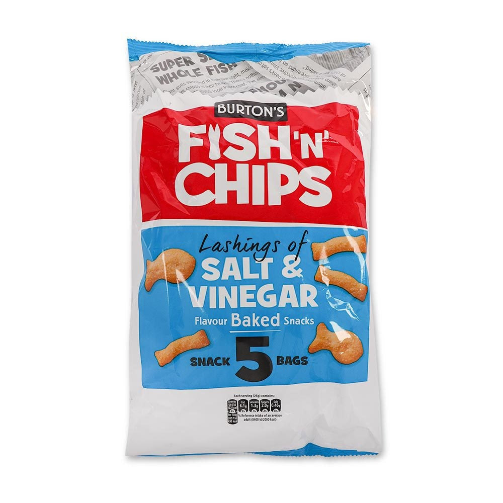 Burton'S Fish 'N' Chips Salt & Vinegar Flavour Snacks 5 X 25G | Poundland  276582-SALT-AND-VINEGAR-BAKED-SNACKS-5-BAG