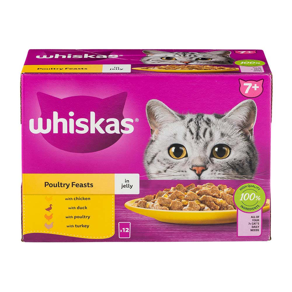 Whiskas cat food package for adult cats over 7 years old on a white background