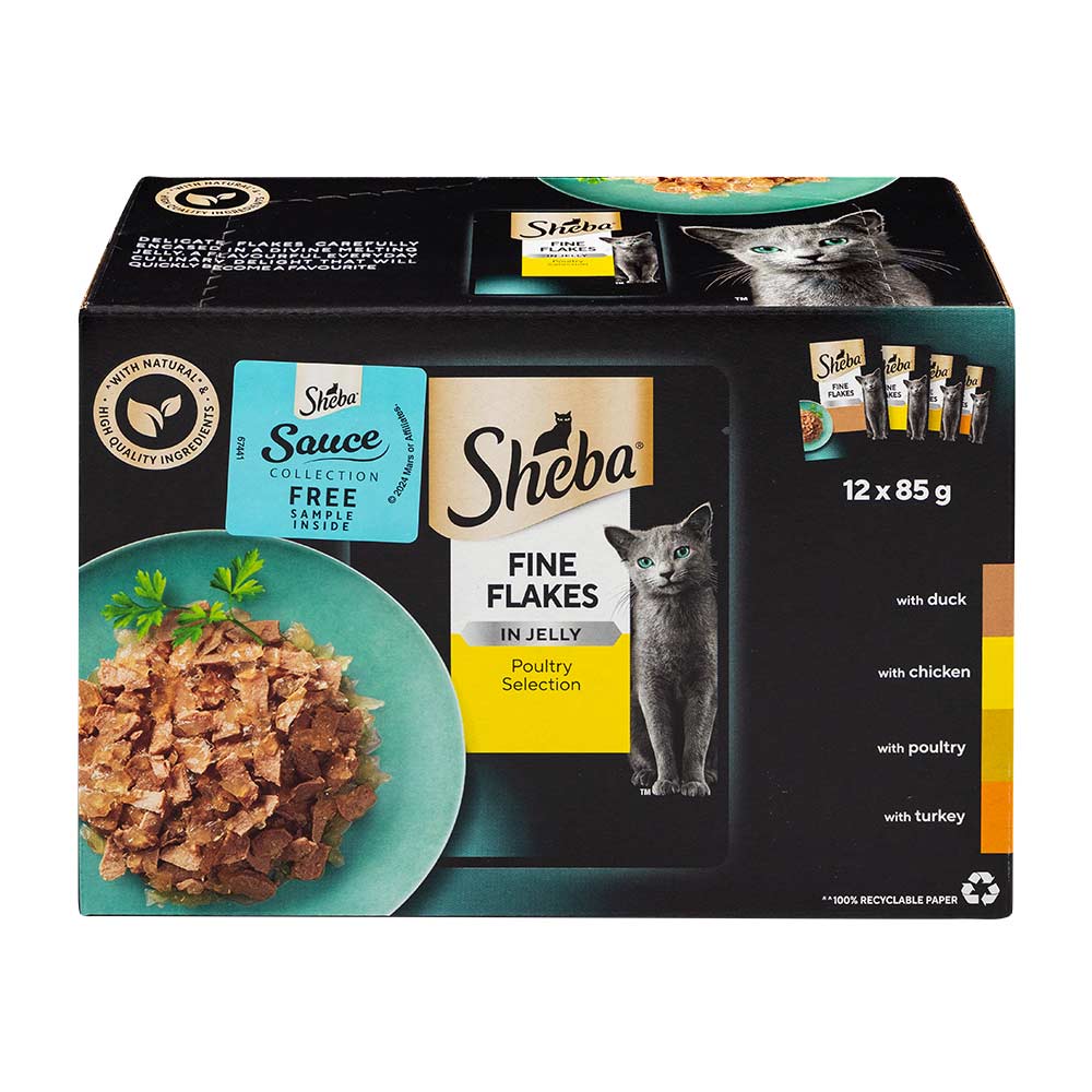 Sheba fine flakes cat food packaging on a white background