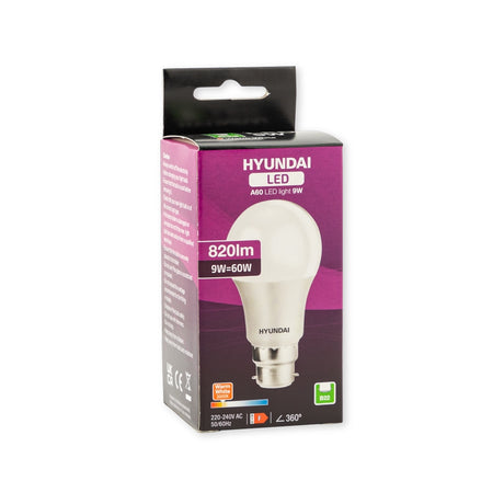 Hyundai Energy Saving Led Lightbulb Single 9W B22 A60 Warm White 327695