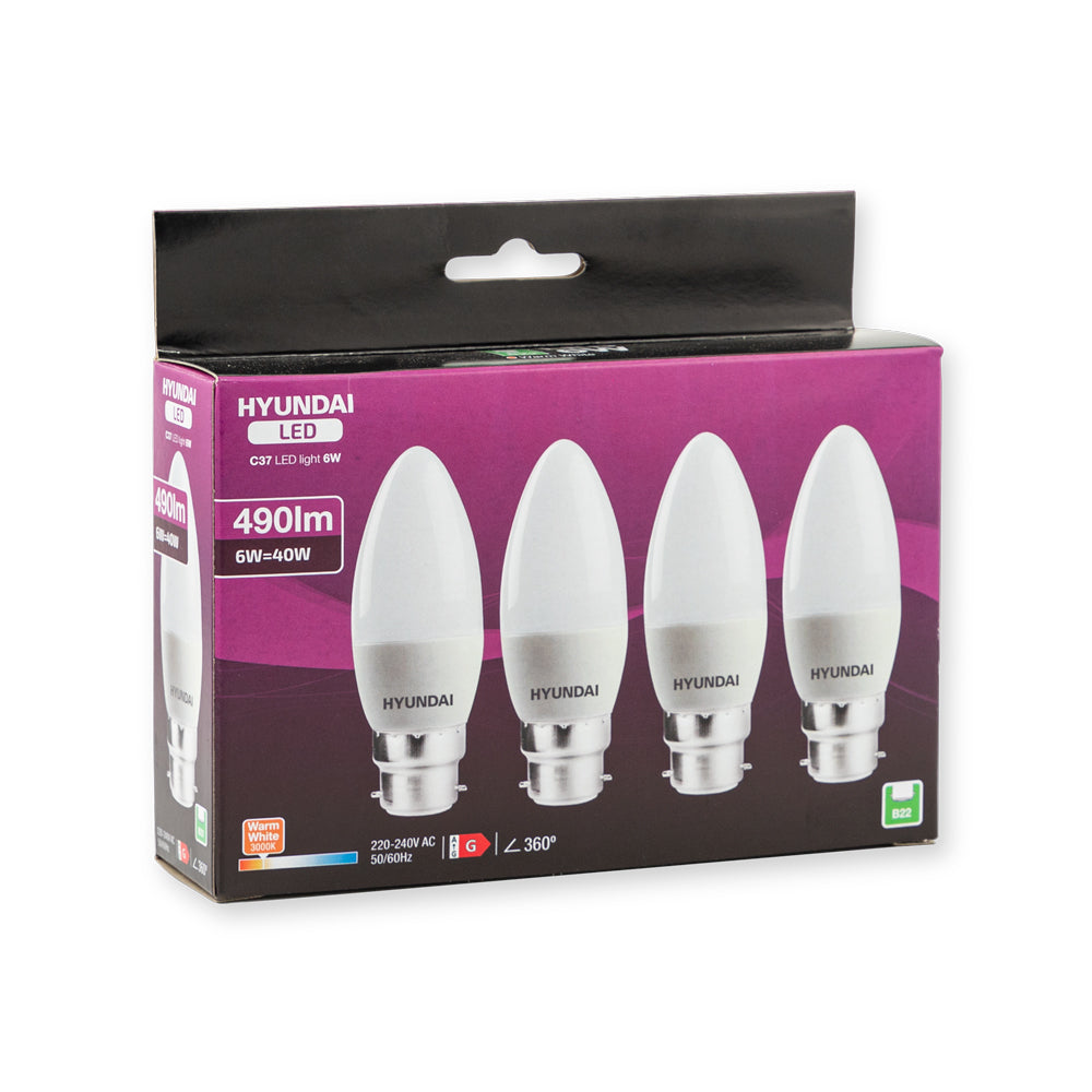 Hyundai Energy Saving LED Lightbulbs 6W B22 C37 Warm White 4 Pack