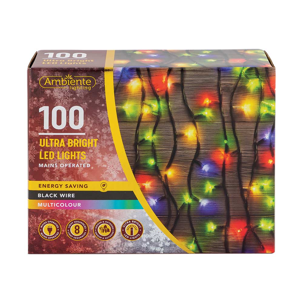 100 Ultra Bright LED String Lights Mains Operated & Black Wire Multicolour