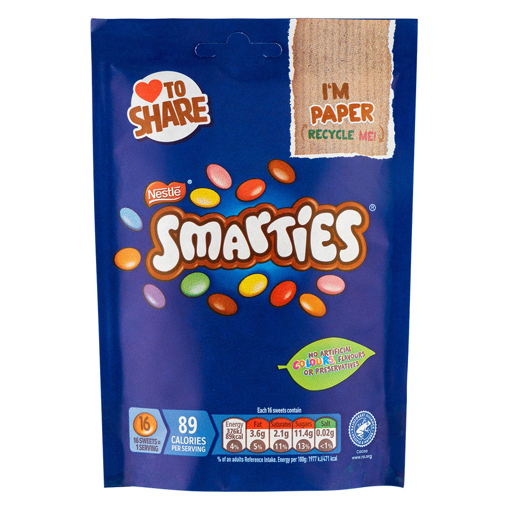 Smarties milk chocolate bag 105g on a white background