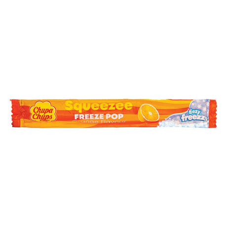 Chupa chups squeezee freeze pops orange flavour on white background