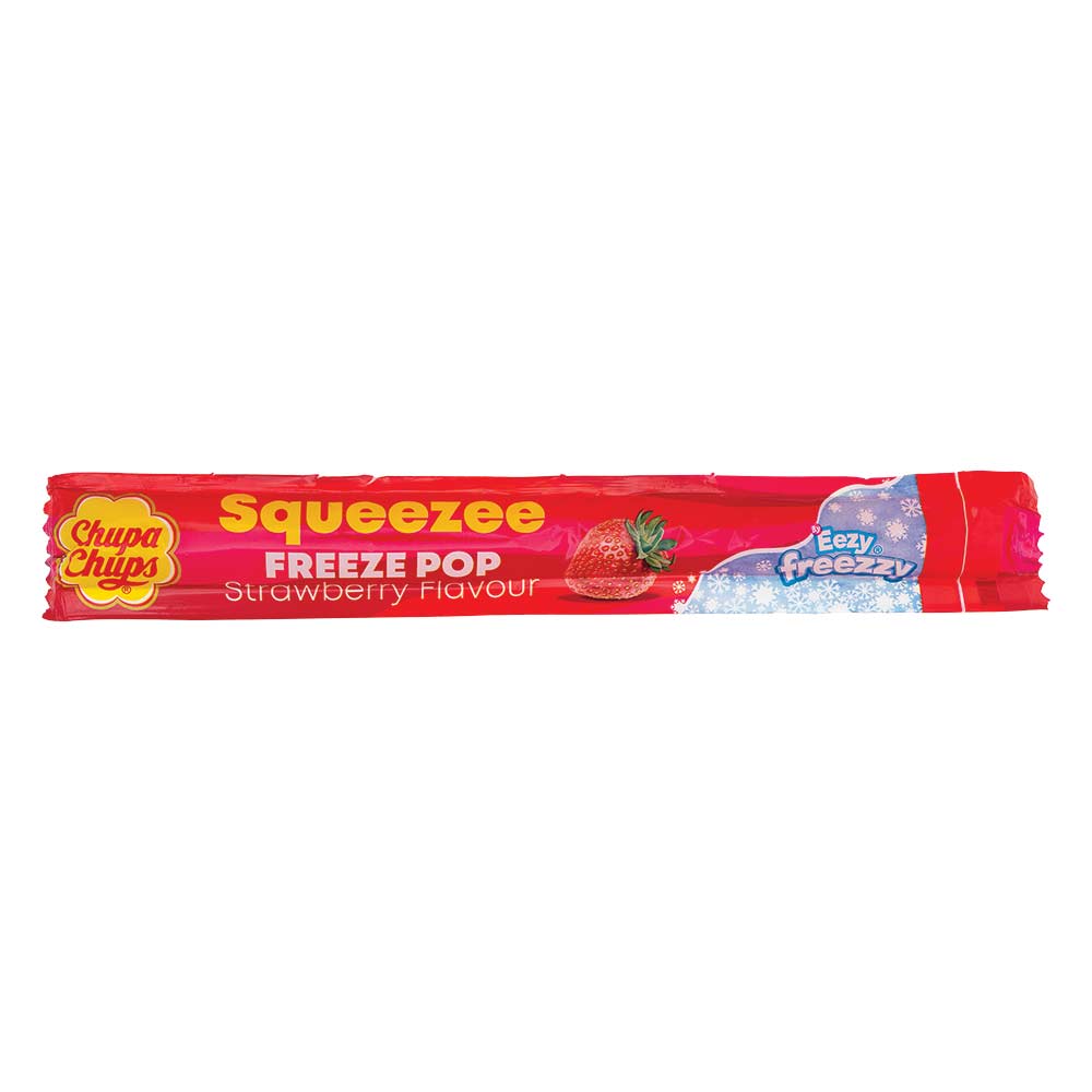 Chupa chups squeezee freeze pops strawberry flavour on white background