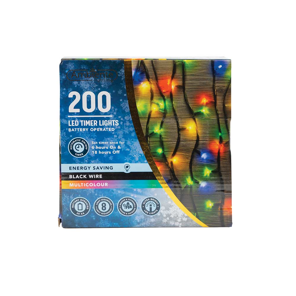 200 LED Timer String Lights Battery Operated & Black Wire Multicolour