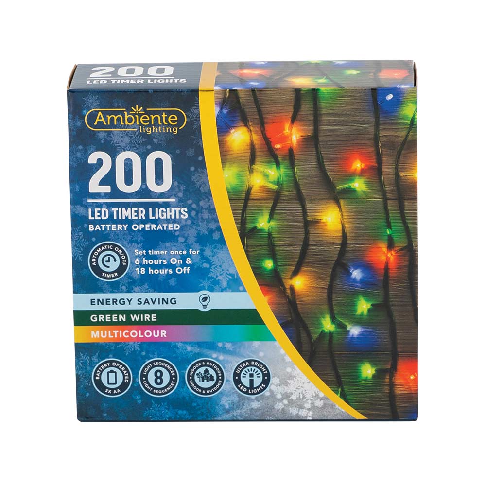200 LED Timer String Lights Battery Operated & Green Wire Multicolour