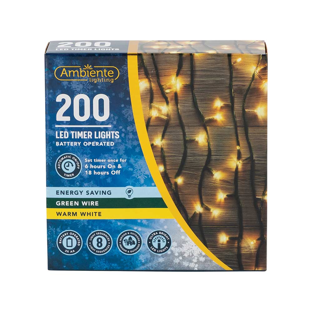 200 LED Timer String Lights Battery Operated & Green Wire Warm White