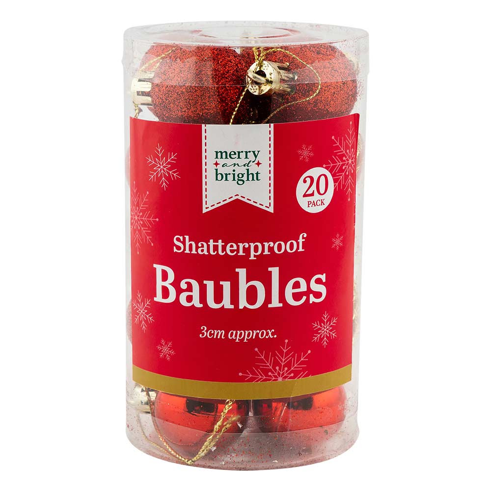 Red Shatterproof Christmas Baubles 30mm x 20 Pack
