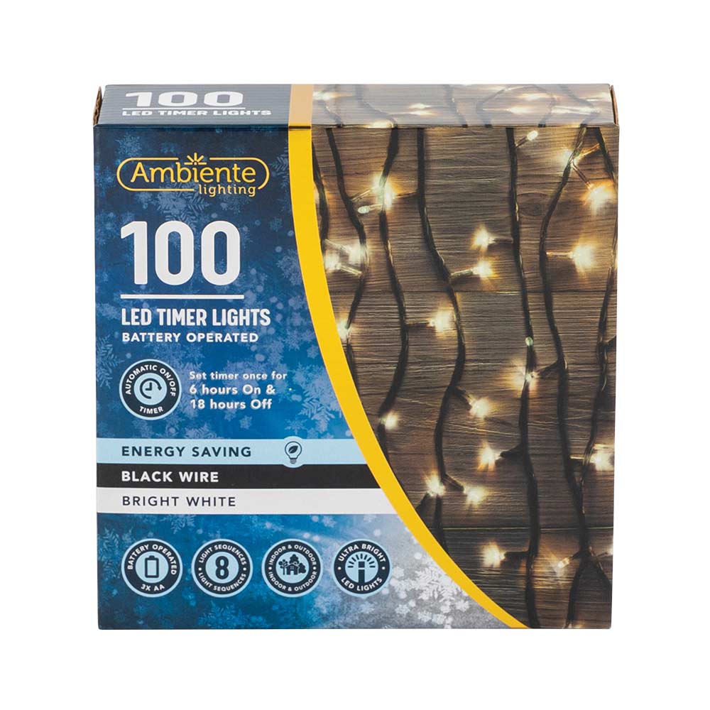 100 LED Timer String Lights Battery Operated & Black Wire Bright White