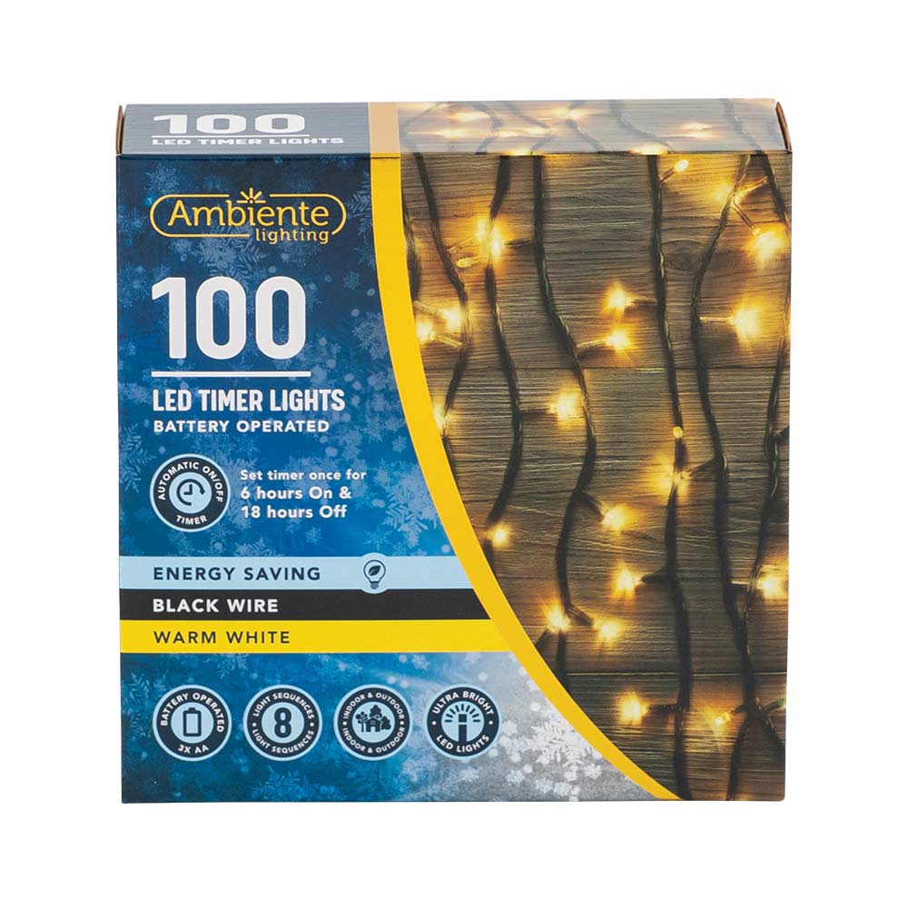 100 LED Timer String Lights Battery Operated & Black Wire Warm White