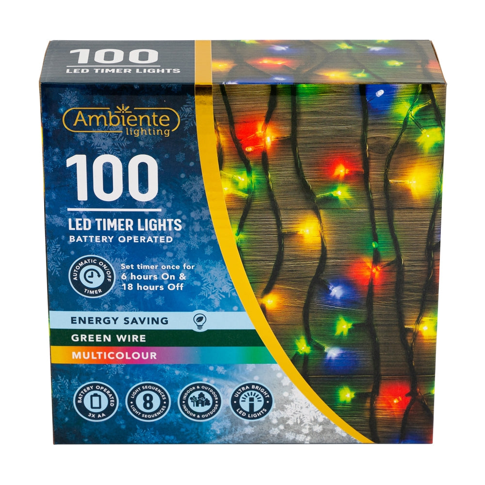 100 LED Timer String Lights Battery Operated & Green Wire Multicolour ...
