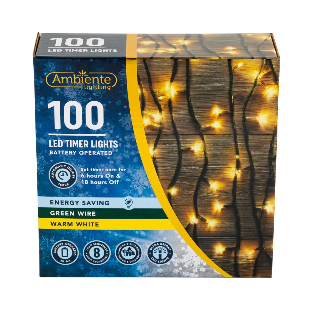 100 LED Timer String Lights Battery Operated & Green Wire Warm White ...