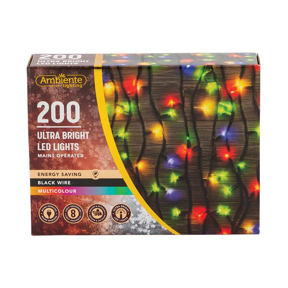200 Ultra Bright LED String Lights Mains Operated & Black Wire Multicolour