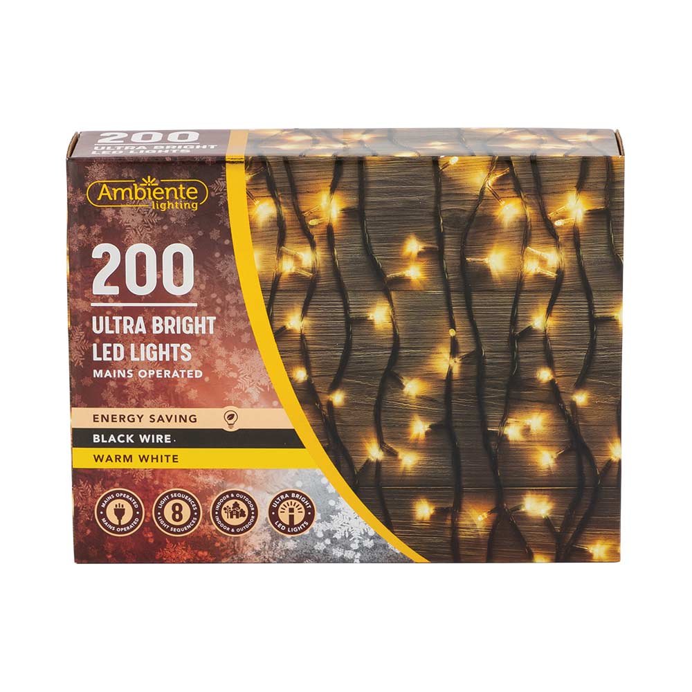 200 Ultra Bright LED String Lights Mains Operated & Black Wire Warm White