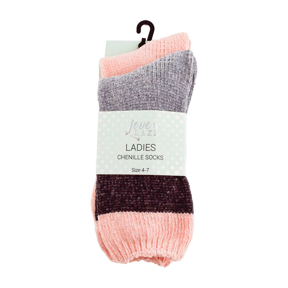2 Pack Ladies Chenille Socks - Navy / Pink